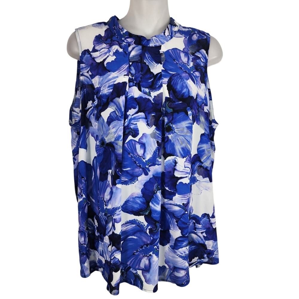 Armour Vert Womens Floral Sleeveless Top Blue White Medium Pleated Lightweight